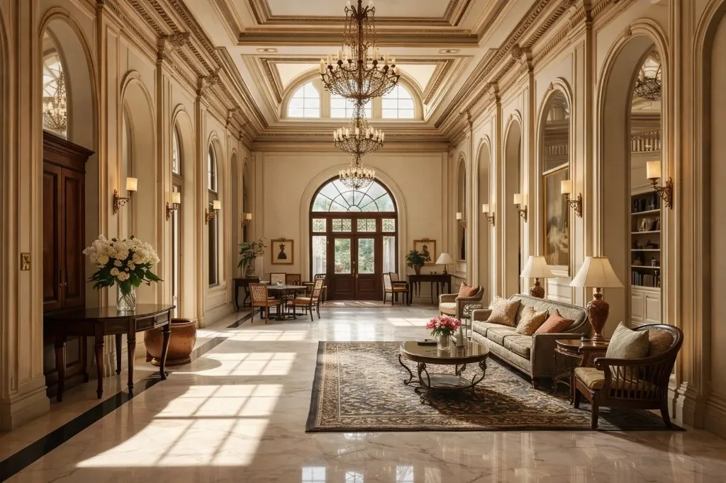 Hall di un hotel con pavimenti in marmo lucidi e arredi curati