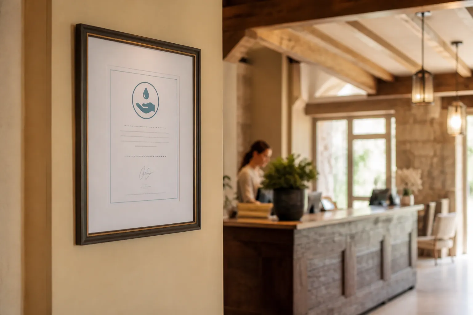 Certificato di igiene esposto nella hall di un hotel