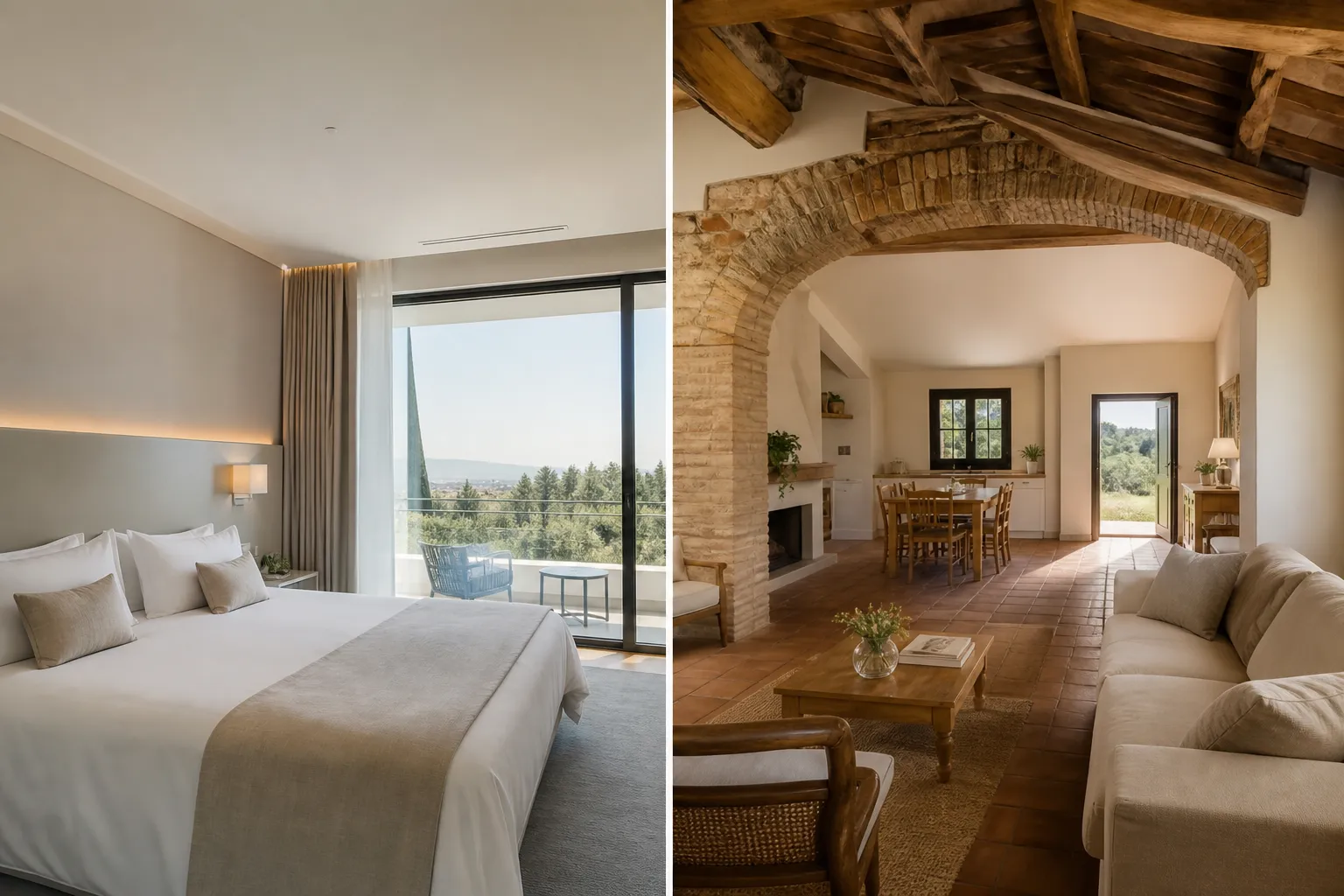 Confronto visivo tra una camera hotel e una casa vacanza toscana pulite