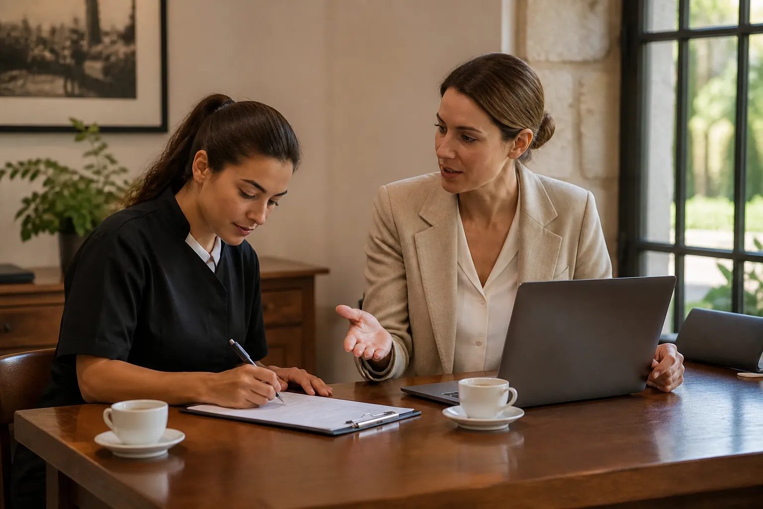 Manager di hotel firma un contratto con un fornitore di pulizie