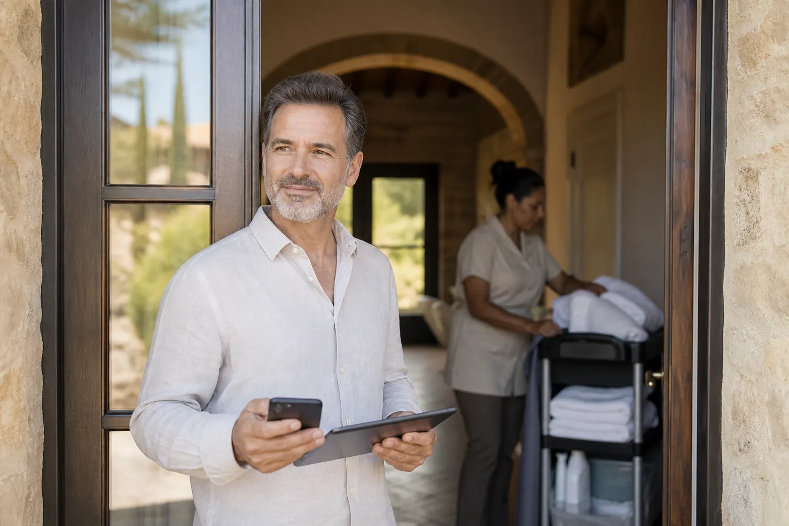 Proprietaria coordina check-out e pulizia di una casa vacanza