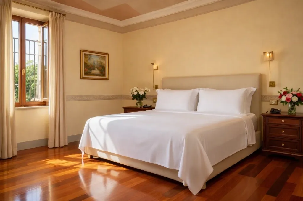 Camera d'albergo luminosa e ordinata, pronta per l'arrivo degli ospiti