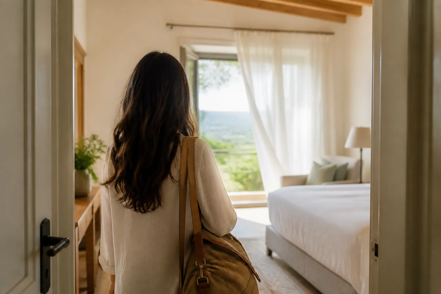 Ospite entra in una camera hotel dall'aria fresca e pulita