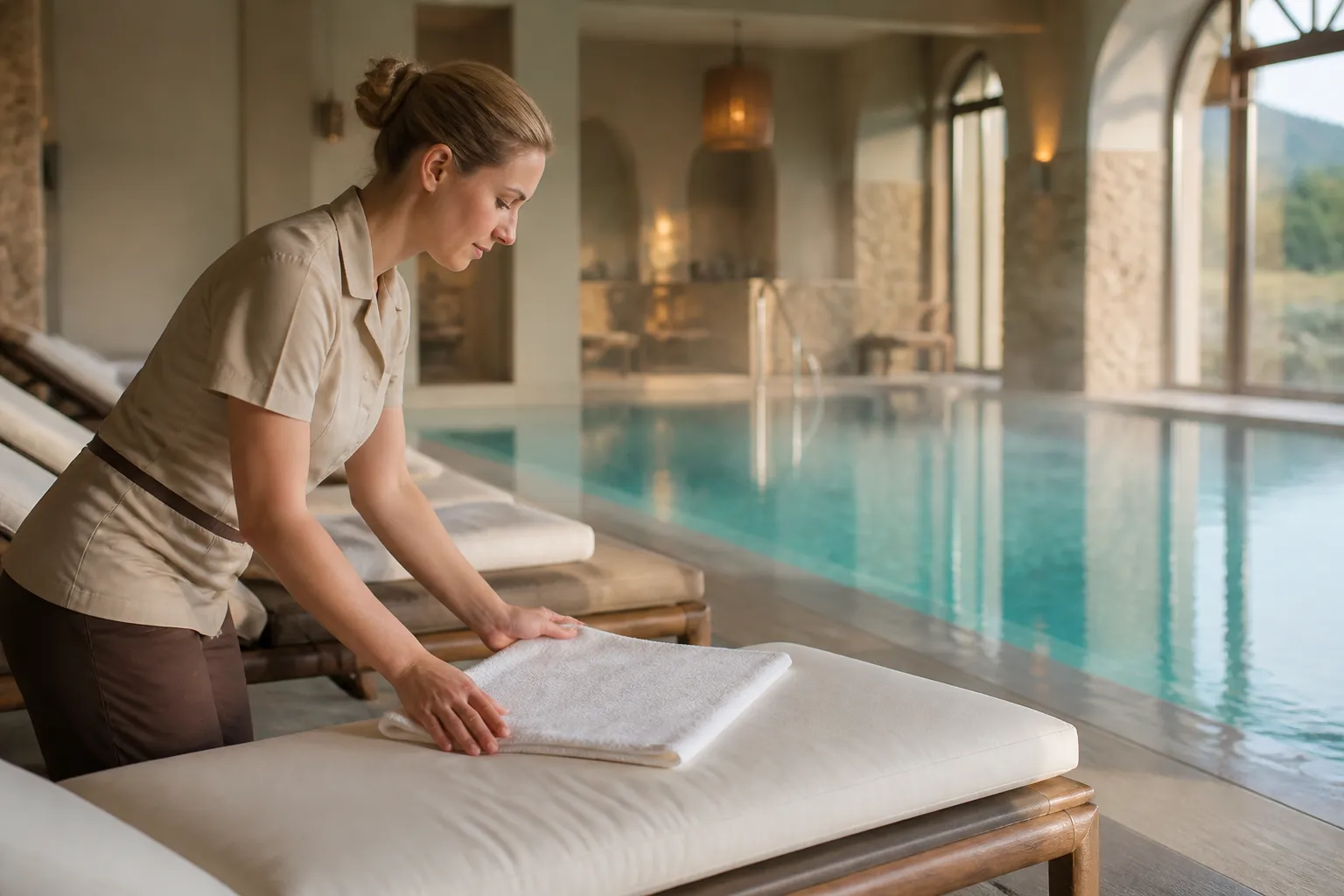 Area wellness di hotel con piscina interna e zona relax pulita