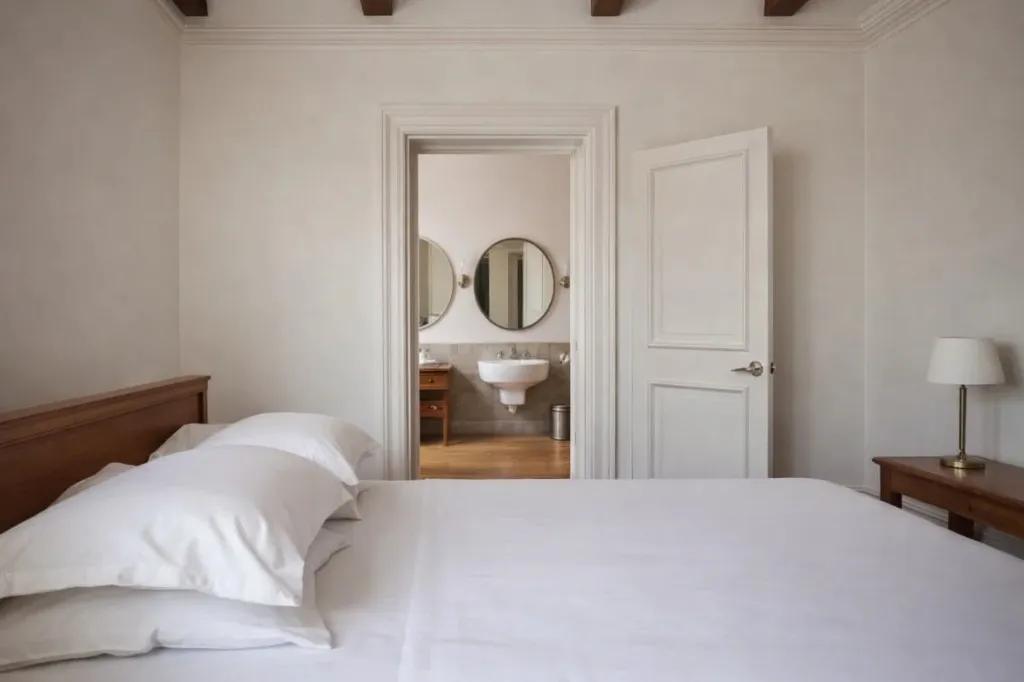 Camera d'albergo con letto rifatto e bagno privato, dopo il servizio di pulizia