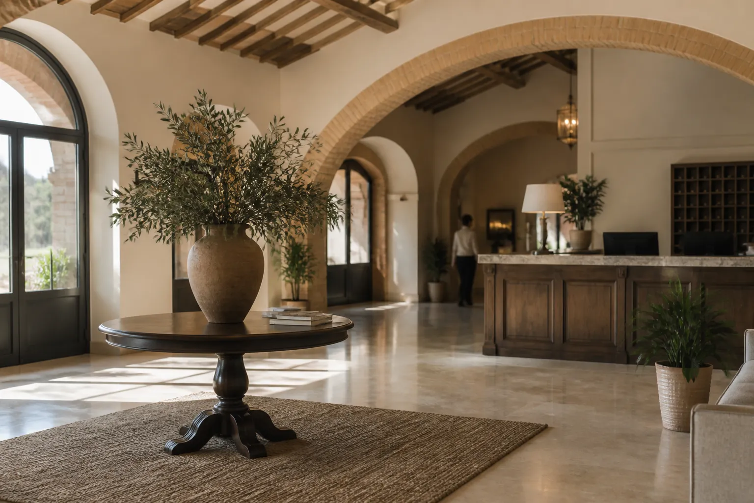 Hall di hotel con pavimenti lucidi e reception pulita