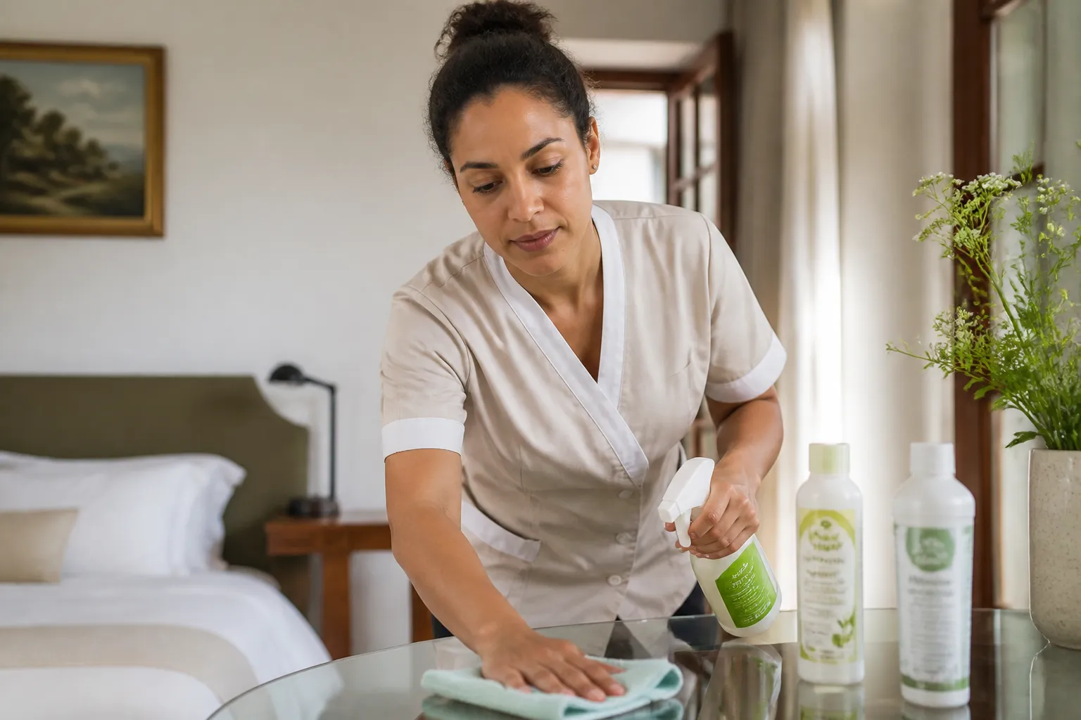 Addetta alle pulizie usa panni in microfibra e prodotti ecologici in hotel