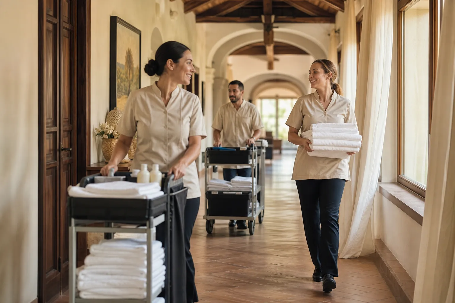 Squadra di pulizie al lavoro durante l'alta stagione in un hotel