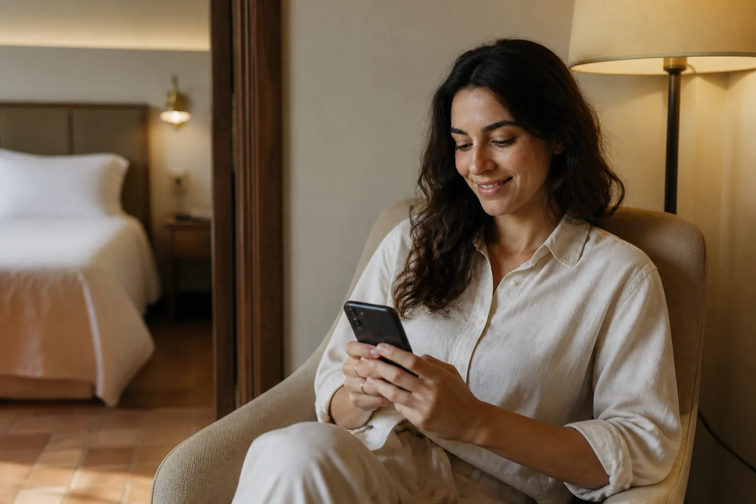 Ospite legge le recensioni sulla pulizia di un hotel dal proprio smartphone