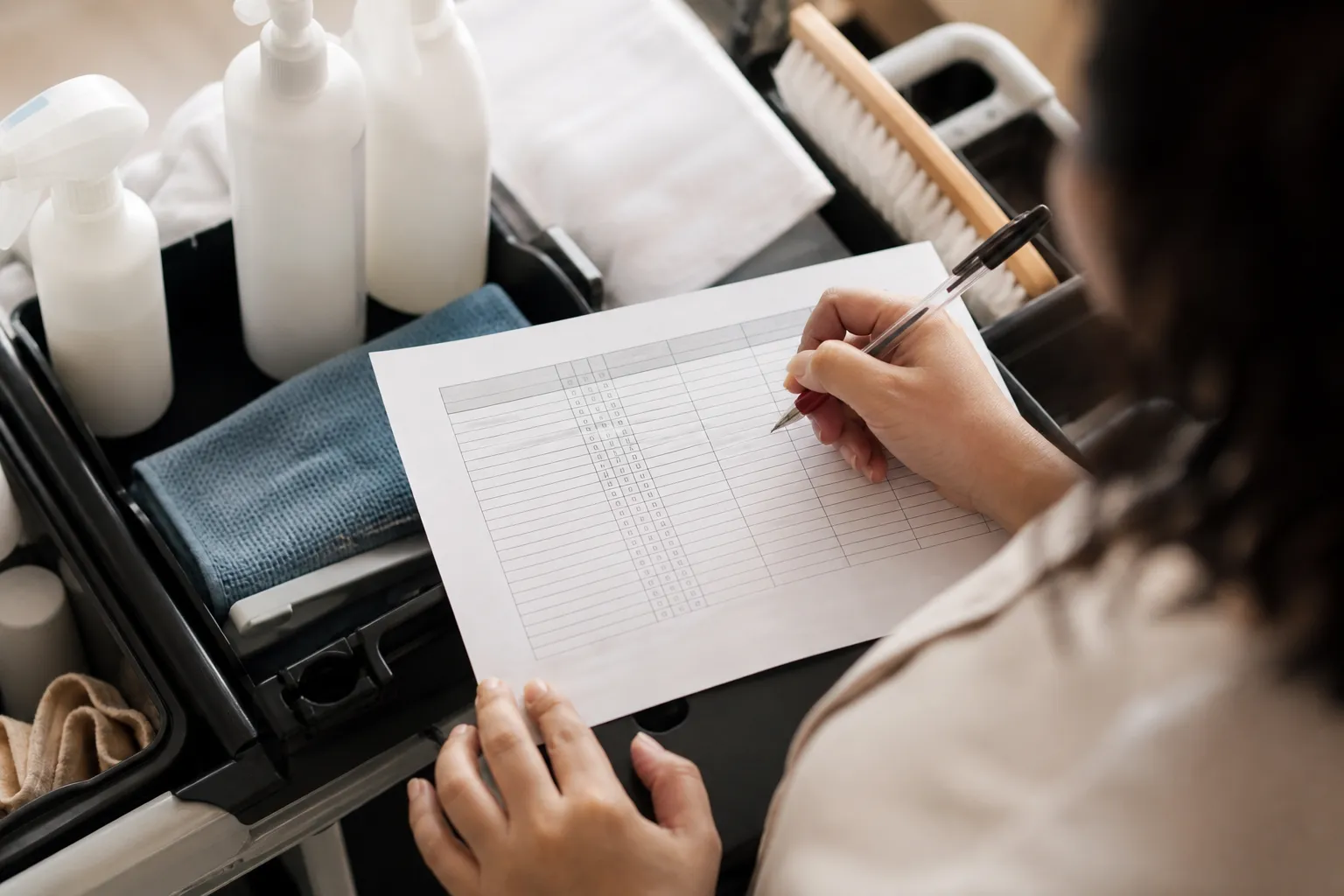 Registro di sanificazione compilato a mano su un carrello di piano