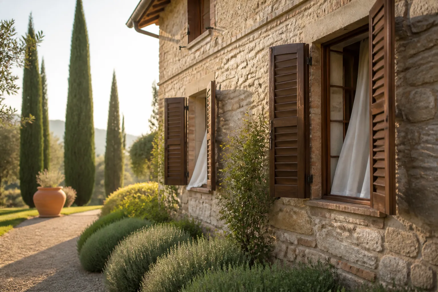 Agriturismo toscano in fase di riapertura stagionale con finestre aperte