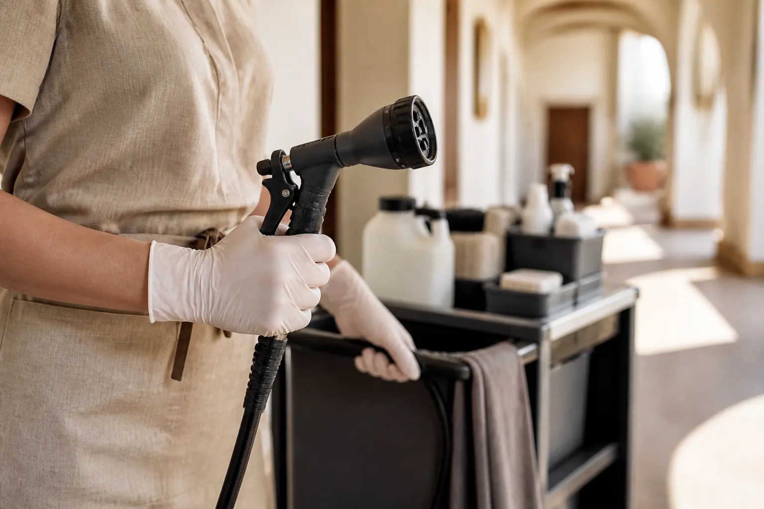 Attrezzatura per pulizie a basso consumo idrico in un hotel