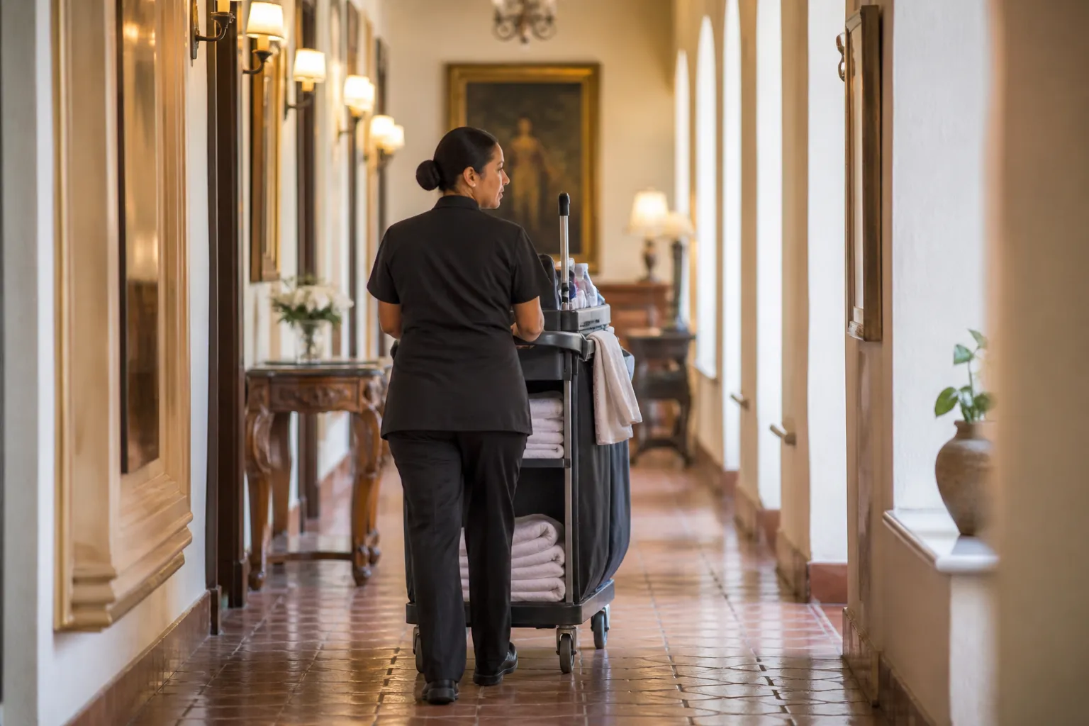 Cameriera ai piani al lavoro in un corridoio di hotel