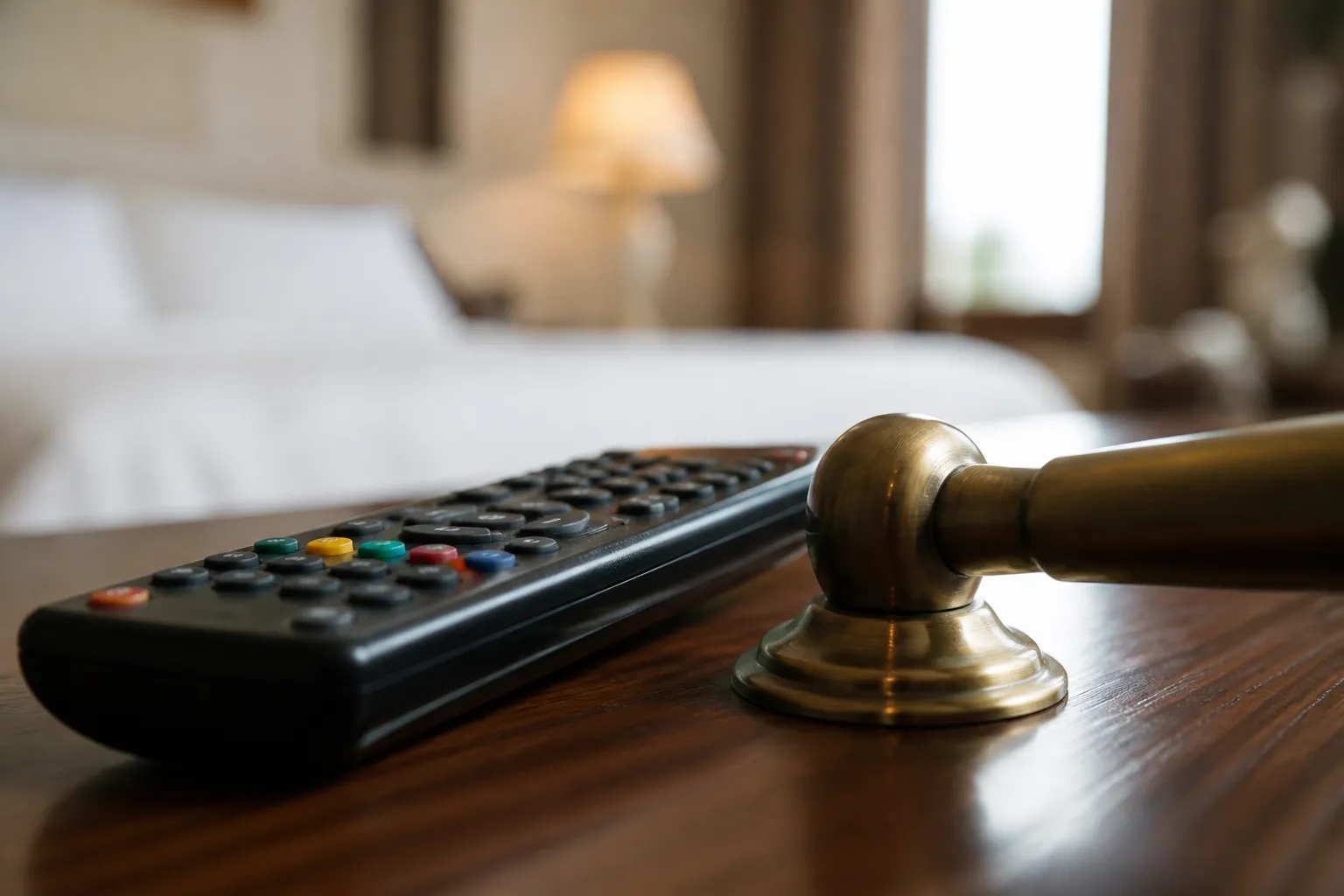 Primo piano di una maniglia e di un telecomando sanificati in camera hotel