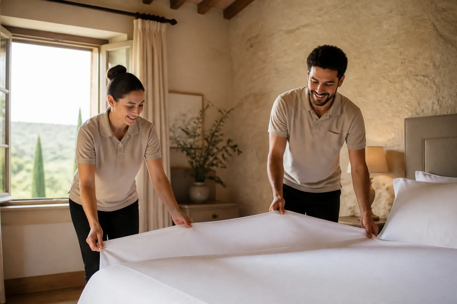 Squadra di pulizie esterna al lavoro in un hotel